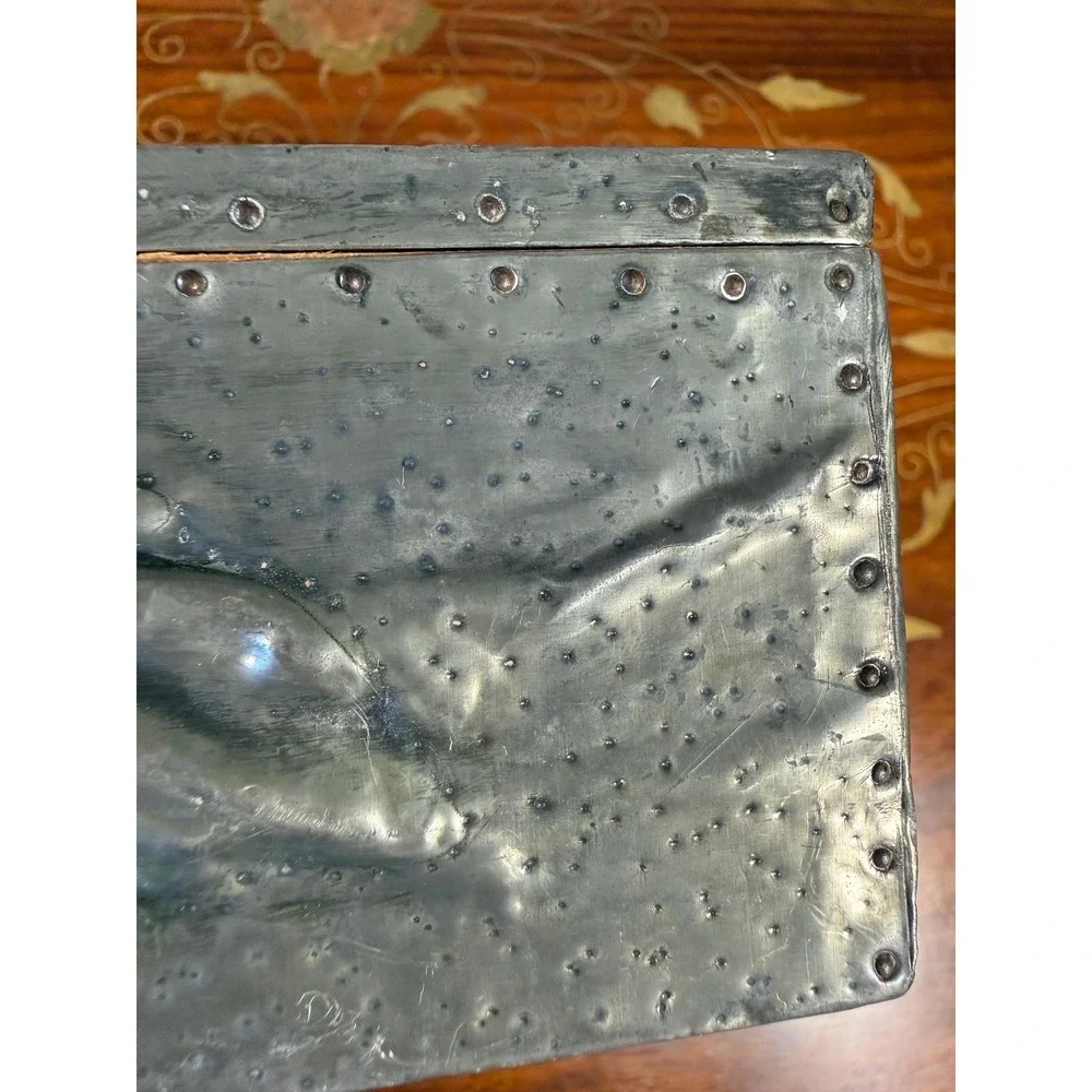 Antique‎ Art Nouveau Pewter Box • Repoussé Jewelry Casket w/ Blue Glass Cabochon